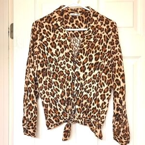 DEX LEOPARD PRINTED V-NECK TIE-UP BUTTON DOWN SHIRT LONG SLEEVE WOMENS MEDIUM